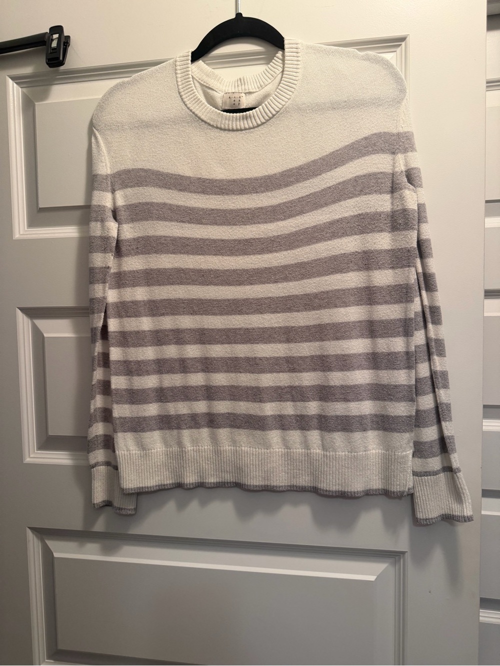 Women’s Cream and Light Gray Striped Crewneck Sweater